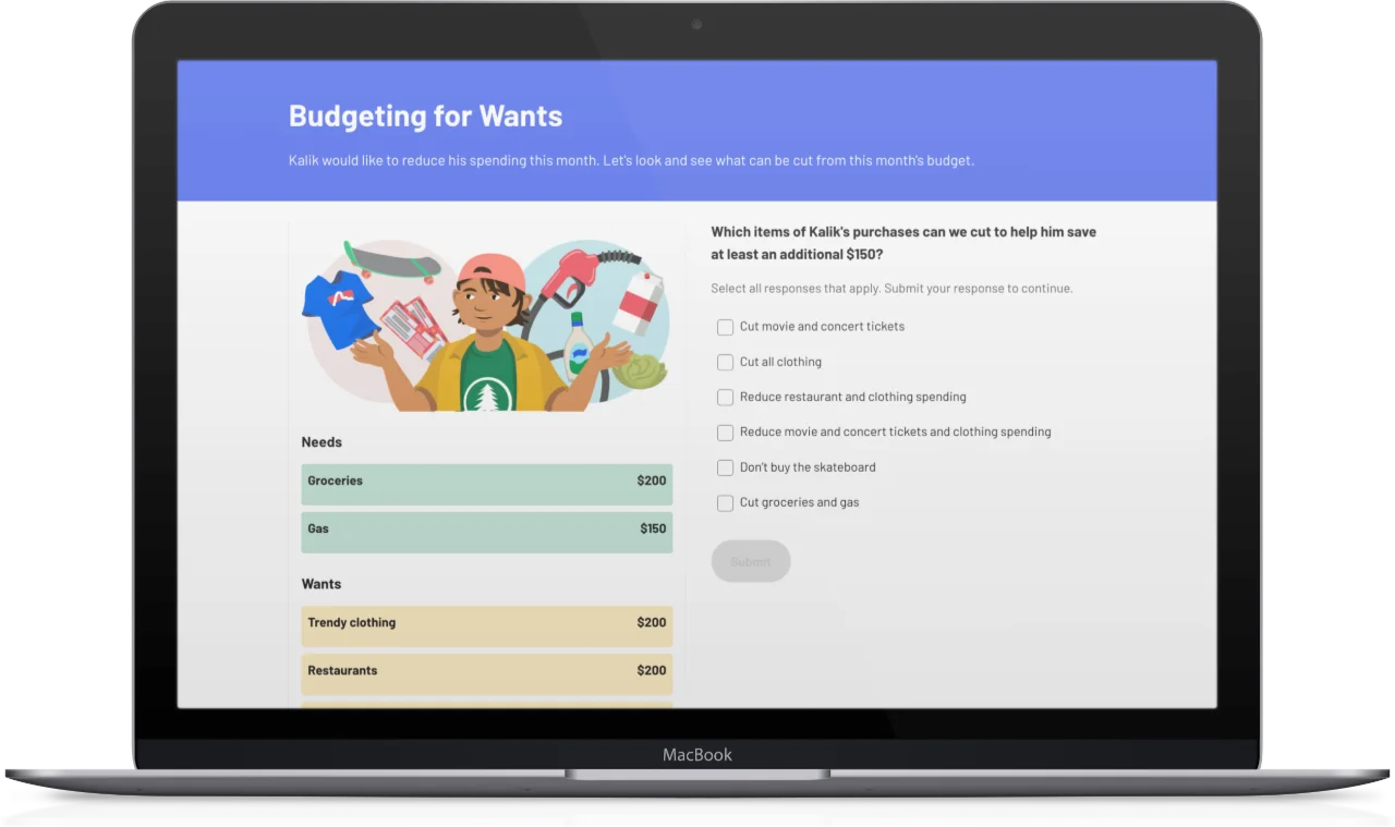 Macbook que muestra una captura de pantalla de Everfi Financial Literacy for High School